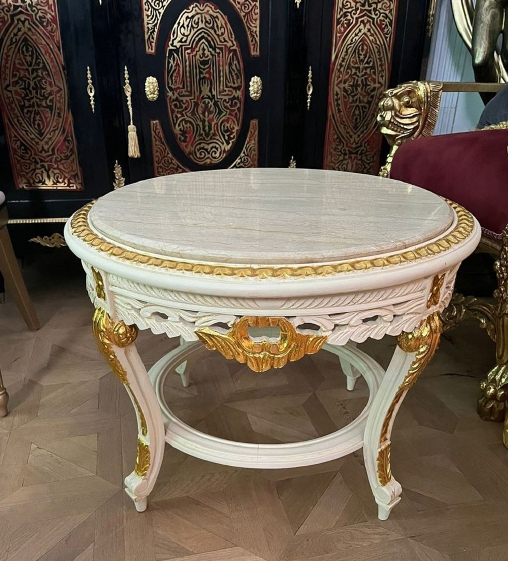 Barock Couchtisch mit Marmorplatte Weiß / Gold / Creme - Runder Massivholz Wohnzimmertisch im Barockstil - Barockstil Wohnzimmer Möbel - Barock Möbel - Antik Stil Wohnzimmer Möbel