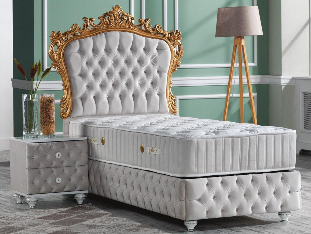 Barock Schlafzimmer Set Grau / Weiß / Silber / Gold - Prunkvolles Einzelbett mit Nachttisch - Schlafzimmer Möbel im Barockstil
