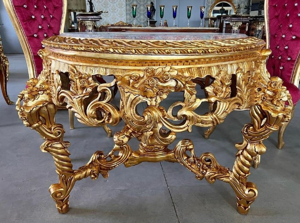 Barock Esstisch Gold / Grau-Braun - Runder Massivholz Esszimmertisch mit Marmorplatte - Esszimmer Möbel im Barockstil - Barock Möbel - Edel & Prunkvoll