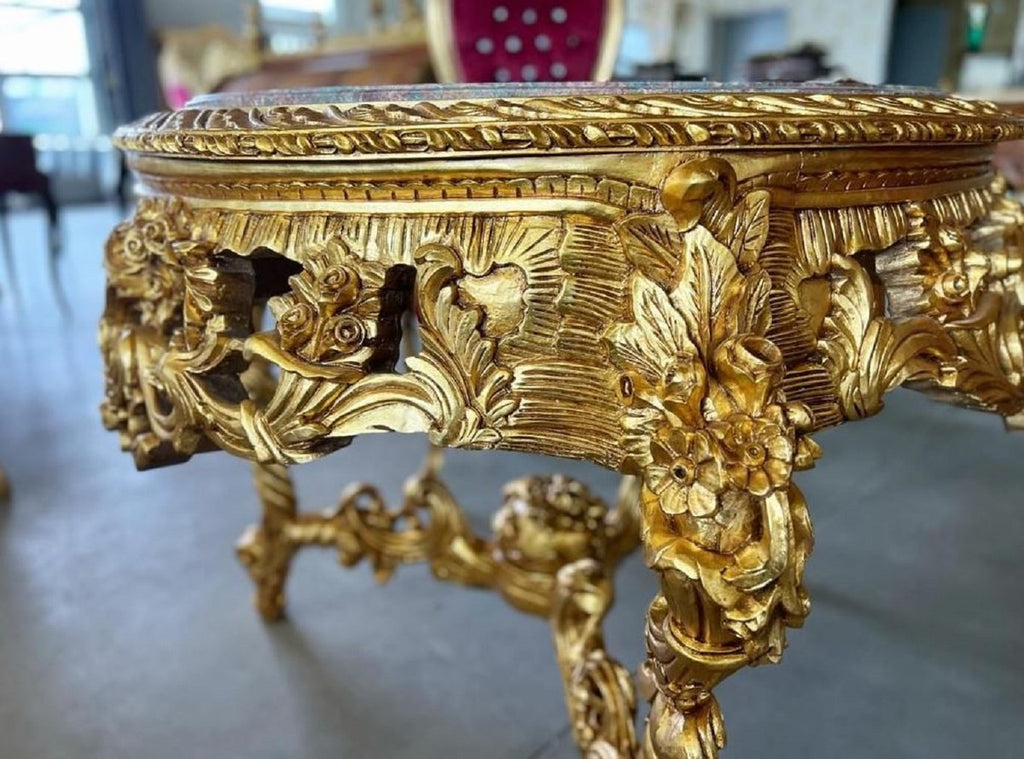 Barock Esstisch Gold / Grau-Braun - Runder Massivholz Esszimmertisch mit Marmorplatte - Esszimmer Möbel im Barockstil - Barock Möbel - Edel & Prunkvoll