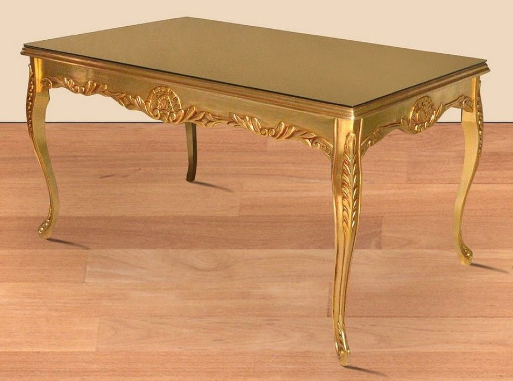 Barock Esstisch Gold 200 x 100 x H. 90 cm - Massivholz Küchentisch mit Glasplatte - Barock Esszimmer Möbel