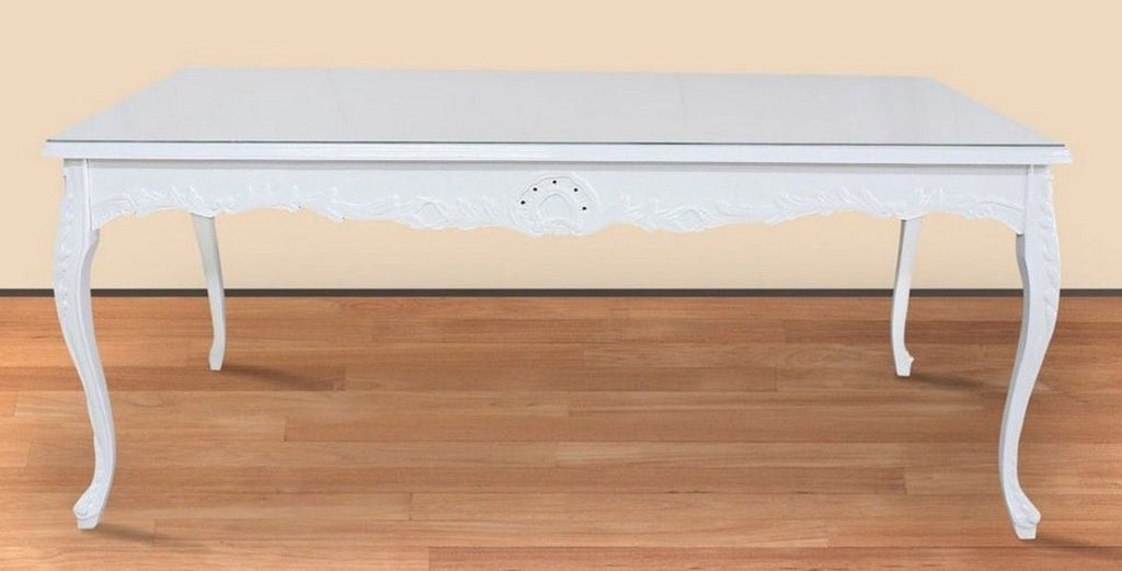 Barock Esstisch Weiß 200 x 100 x H. 90 cm - Massivholz Küchentisch mit Glasplatte - Barock Esszimmer Möbel
