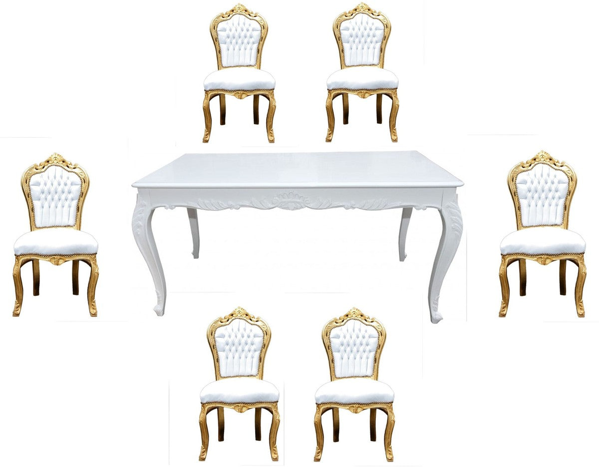 Barock Esszimmer Set Weiß/Gold - Esstisch + 6 Stühle ohne Armlehnen