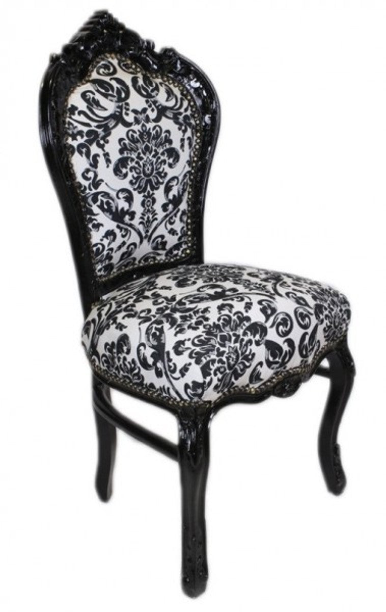 Barock Esszimmer Stuhl Blumen Muster Schwarz / Weiss- Antik Stil Möbel
