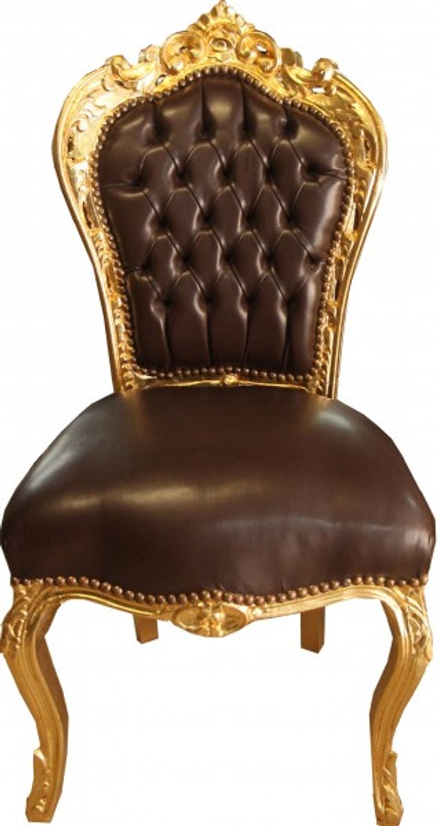 Barock Esszimmer Stuhl Braun Glatt Lederoptik / Gold - Möbel