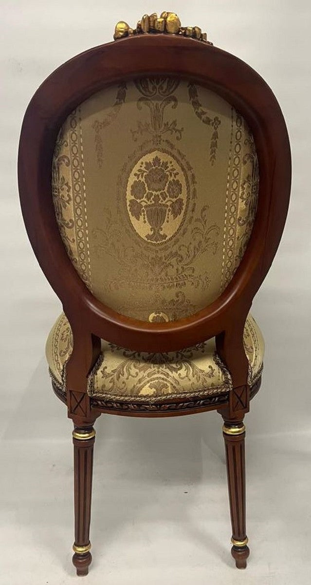 Barock Esszimmer Stuhl Medaillon Gold Muster / Dunkelbraun / Gold - Handgefertigter Massivholz Antik Stil Küchen Stuhl mit Muster - Esszimmer Möbel im Barockstil - Barock Möbel