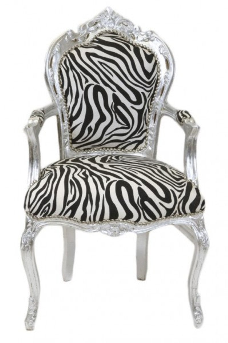 Barock Esszimmer Stuhl Zebra / Silber mit Armlehnen