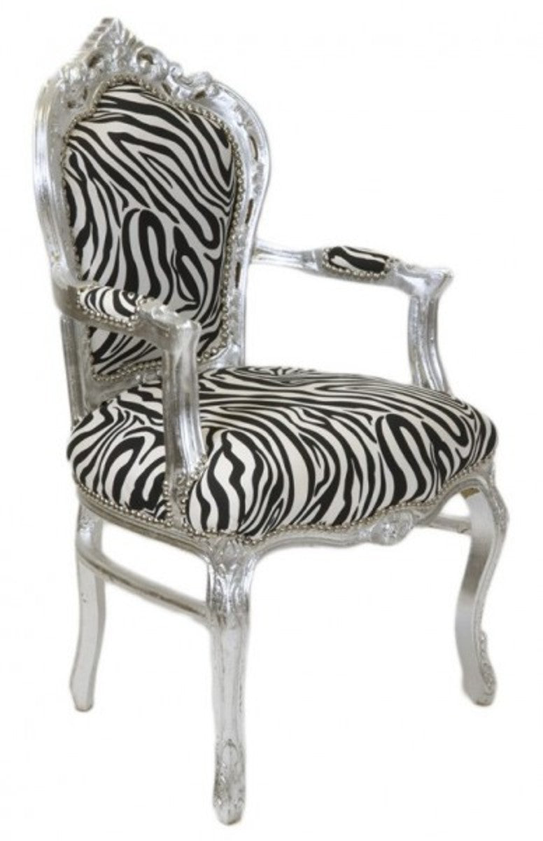 Barock Esszimmer Stuhl Zebra / Silber mit Armlehnen