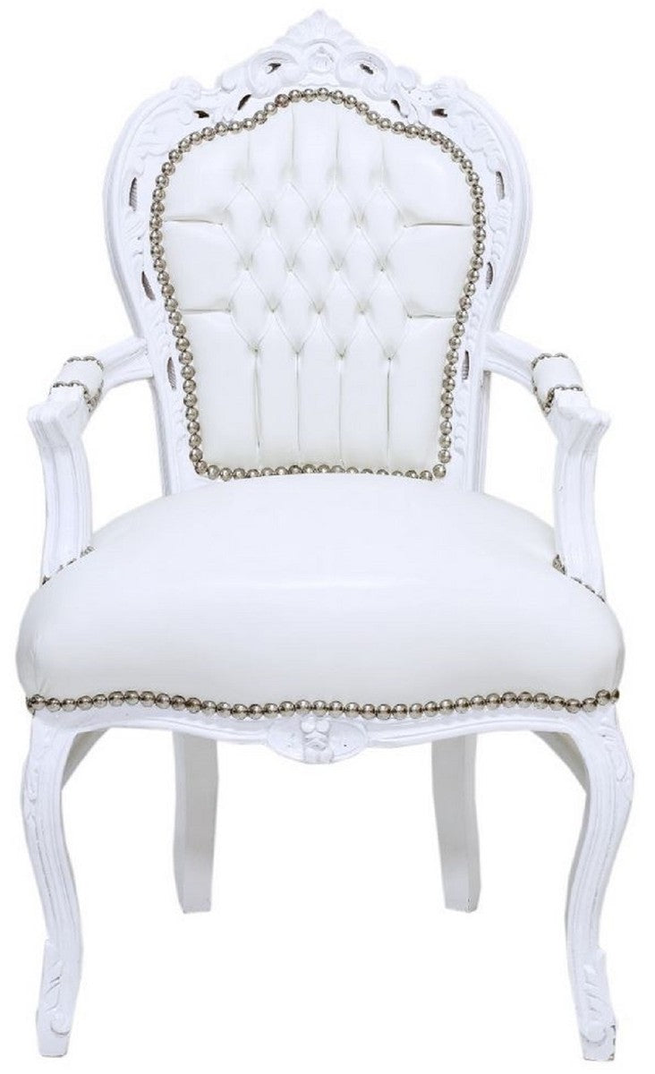 Barock Esszimmer Stuhl mit Armlehnen und edlem Kunstleder Weiß / Weiß - Handgefertigter Antik Stil Stuhl - Esszimmer Möbel im Barockstil - Barock Möbel