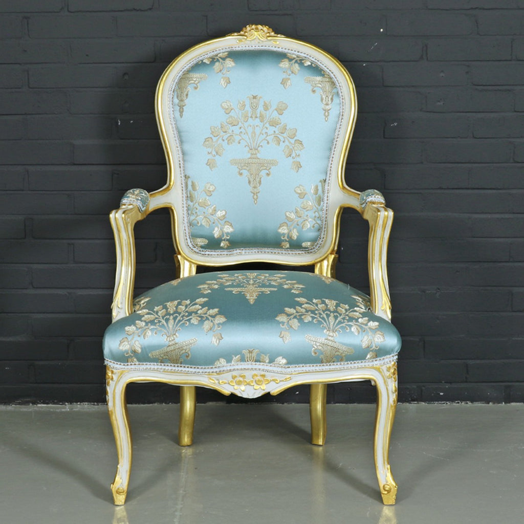 Barock Salon Stuhl Medaillon Mod1 mit Armlehnen Helltürkis / Gold - Antikstil Stuhl