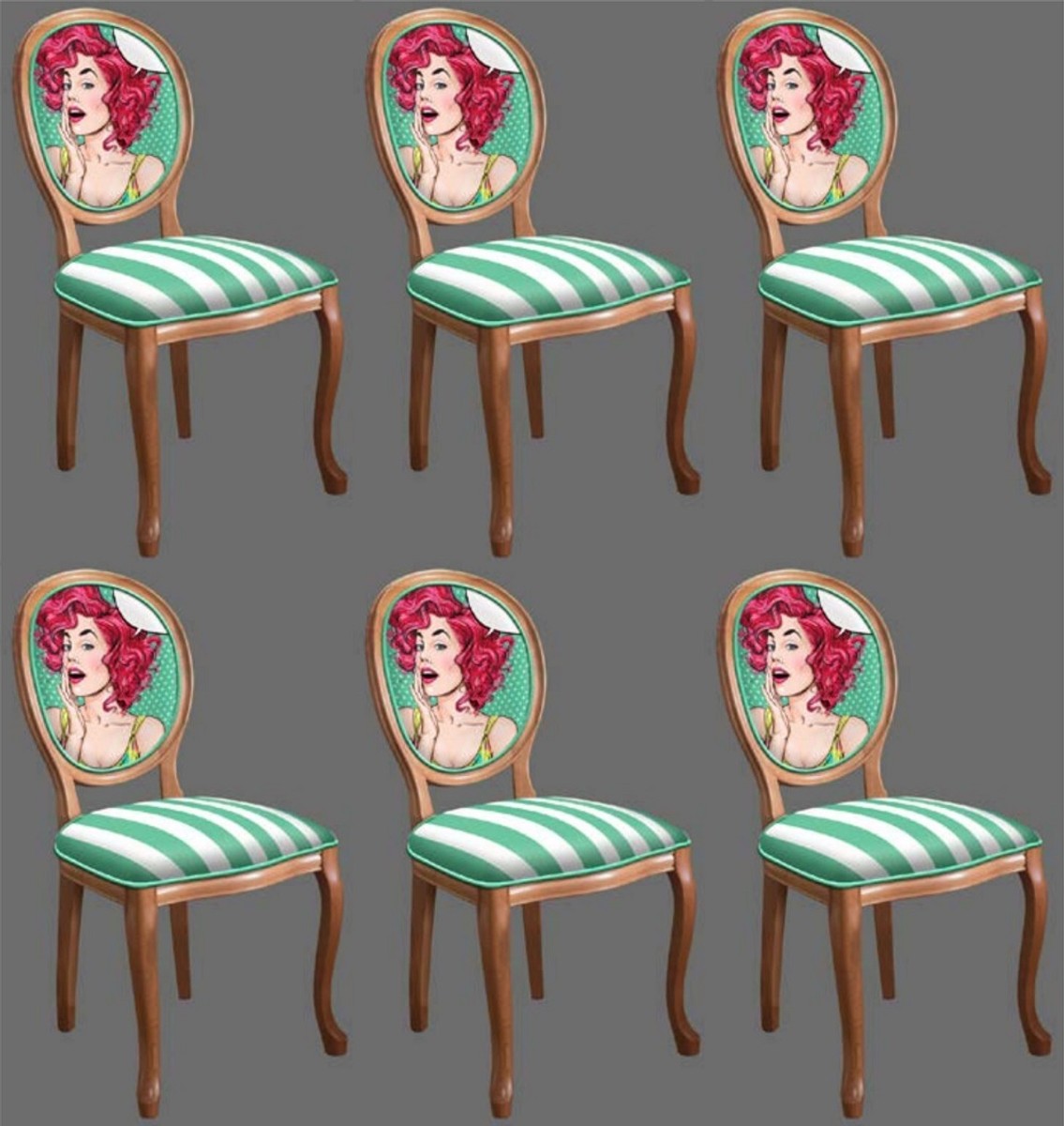 Barock Esszimmerstuhl Set Grün / Weiß / Mehrfarbig / Braun - 6 Handgefertigte Küchen Stühle im Barockstil - Barock Esszimmer Möbel