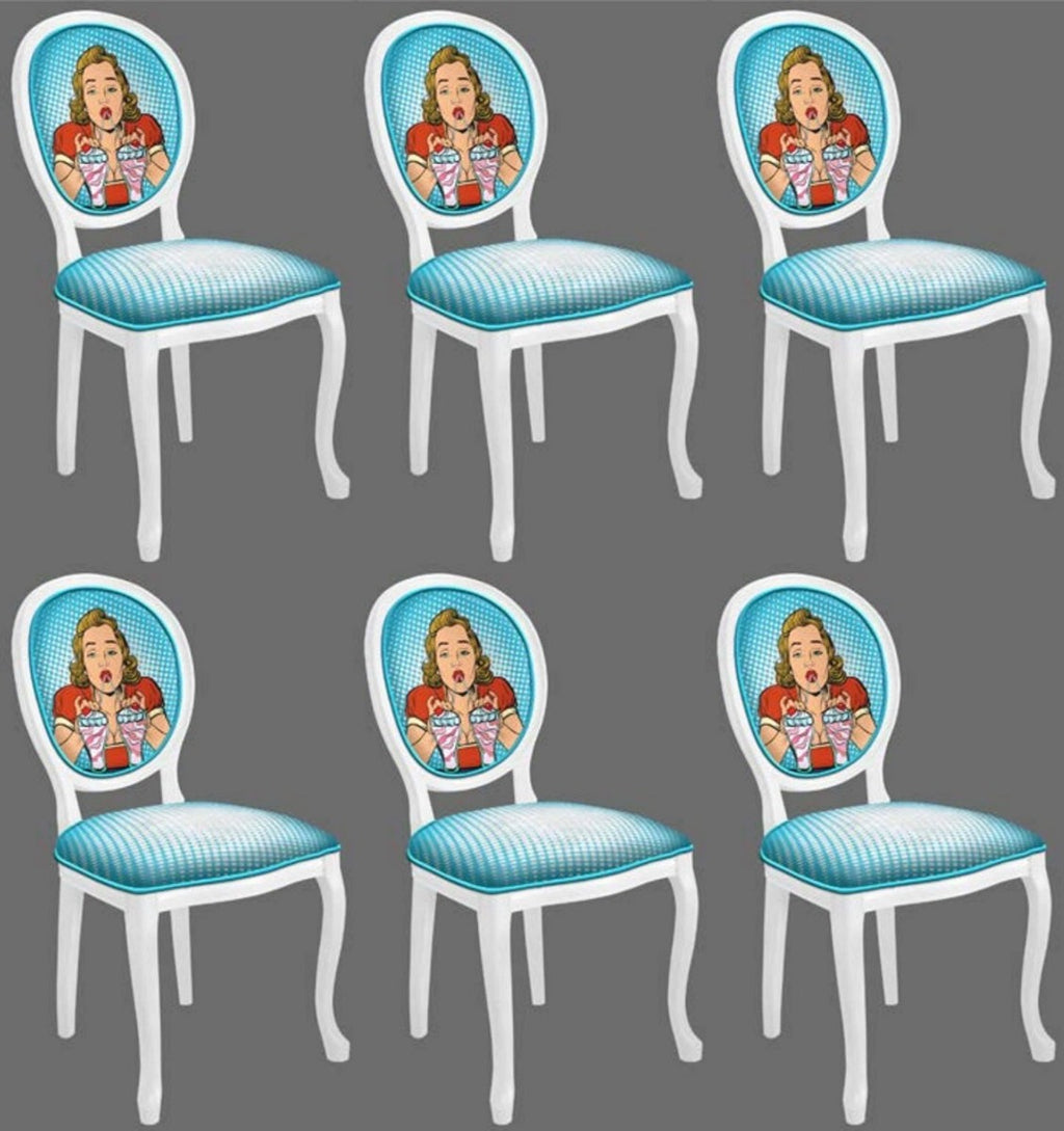 Barock Esszimmerstuhl Set Blau / Mehrfarbig / Weiß - 6 Handgefertigte Küchen Stühle im Barockstil - Barock Esszimmer Möbel