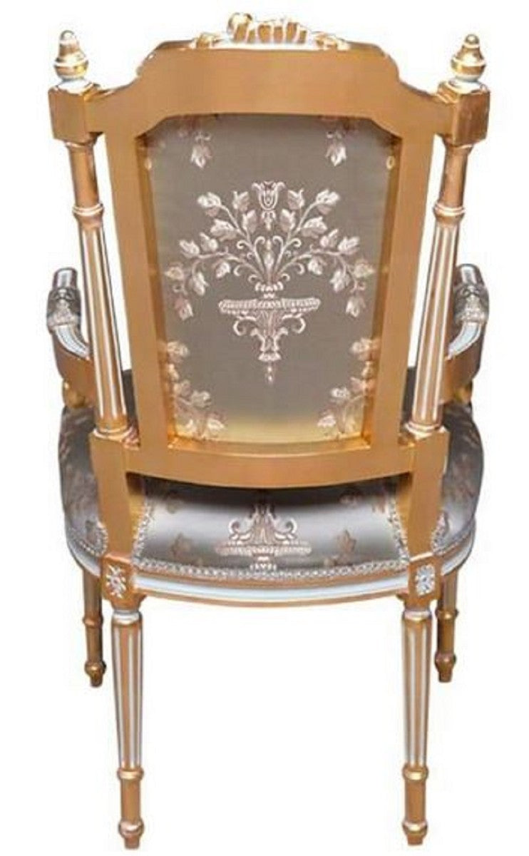 Barock Esszimmerstuhl Silber / Weiß / Gold - Handgefertigter Antik Stil Stuhl mit Armlehnen - Esszimmer Möbel im Barockstil