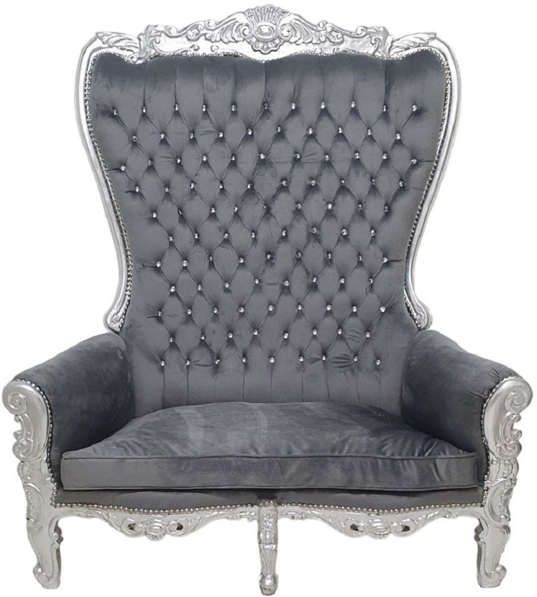 Barock Hochlehn 2er Sofa Grau / Silber - Prunkvolles Barockstil Sofa mit Glitzersteinen - Wohnzimmer Möbel im Barockstil - Barock Möbel - Edel & Prunkvoll
