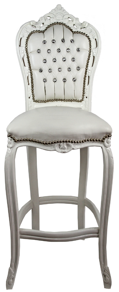Barock Barstuhl mit Kunstleder und Glitzersteinen Creme / Weiß 60 x 55 x H. 146 cm - Handgefertigter Hochstuhl - Barhocker - Barock Barmöbel