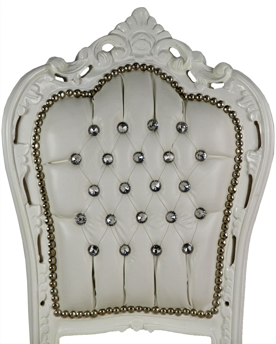 Barock Barstuhl mit Kunstleder und Glitzersteinen Creme / Weiß 60 x 55 x H. 146 cm - Handgefertigter Hochstuhl - Barhocker - Barock Barmöbel