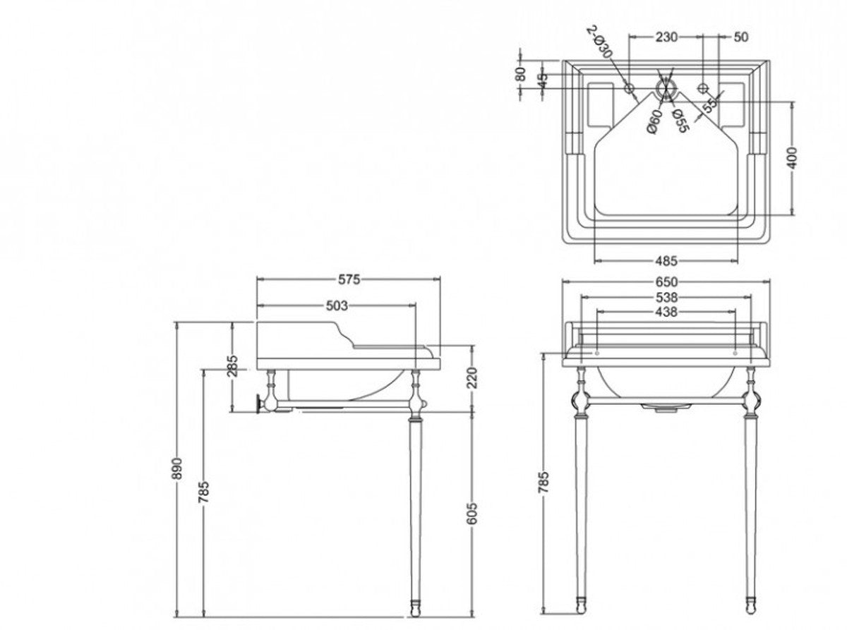Art Deco Stand Waschtisch Weiß / Chrom mit 2 Hahnlöchern - Jugendstil Waschbecken Barock Antik Stil