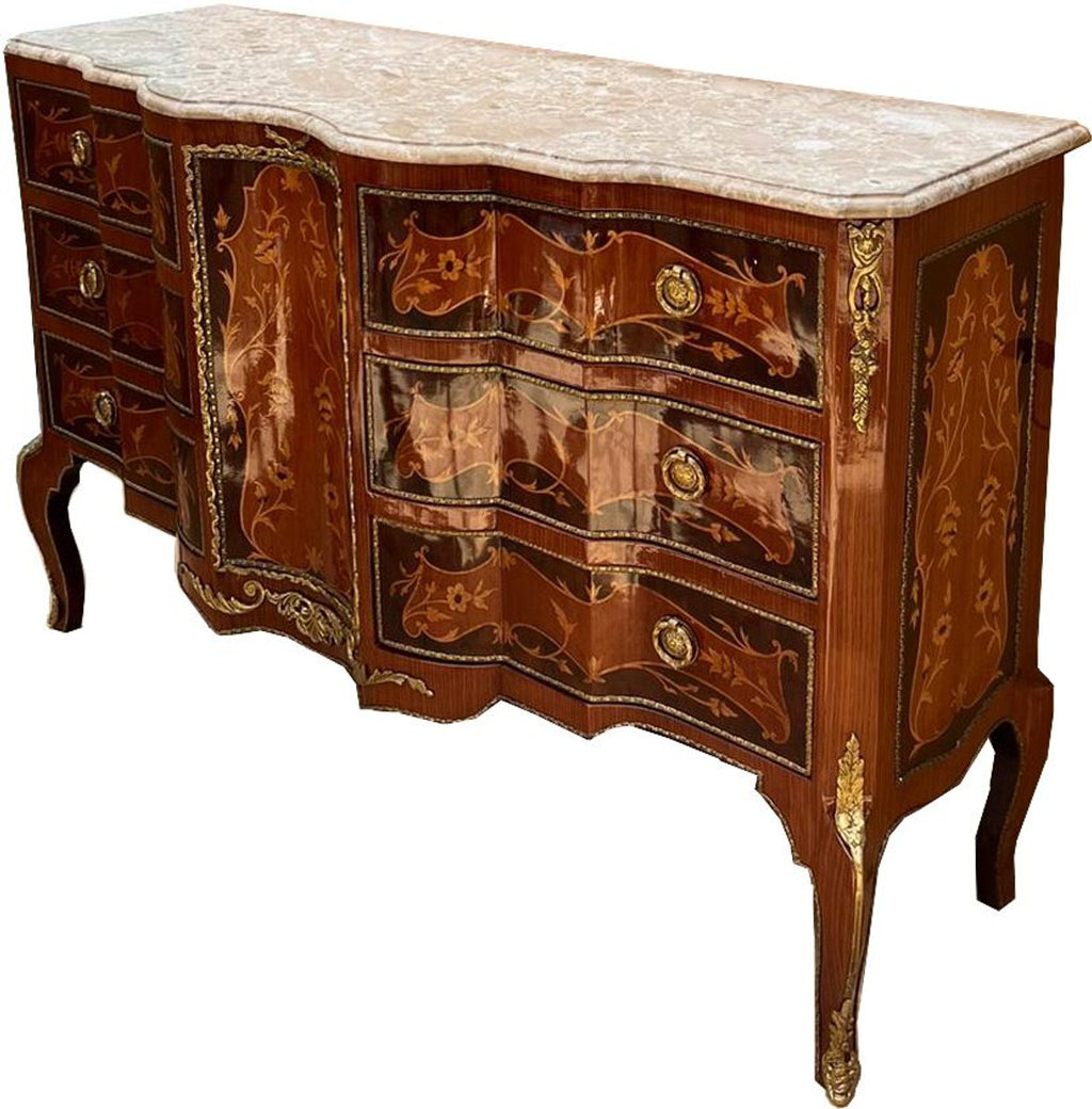 Barock Kommode Braun / Gold / Creme 138 x 50 x H. 88 cm - Handgefertigte Massivholz Kommode mit 6 Schubladen und Marmorplatte