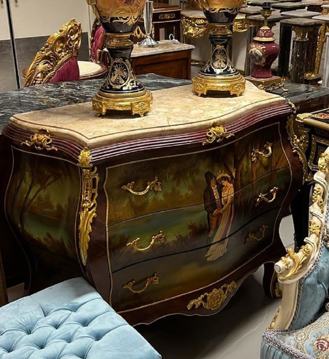 Barock Kommode Braun / Gold / Mehrfarbbig / Cremefarben - Handgefertigte Kommode mit 3 Schubladen und Marmorplatte - Barock Möbel