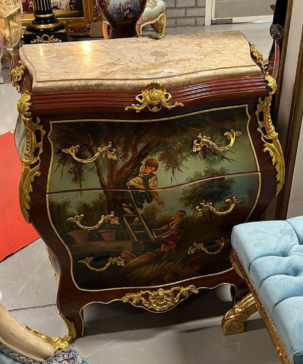 Barock Kommode Braun / Gold / Mehrfarbbig / Cremefarben - Handgefertigte Massivholz Kommode mit 3 Schubladen und Marmorplatte - Barock Möbel