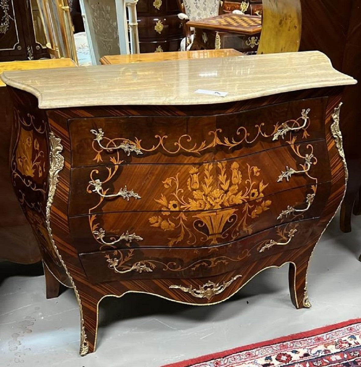 Barock Kommode Dunkelbraun / Braun Intarsien / Gold / Cremefarben - Handgefertigte Massivholz Kommode mit 4 Schubladen und Marmorplatte - Barock Möbel