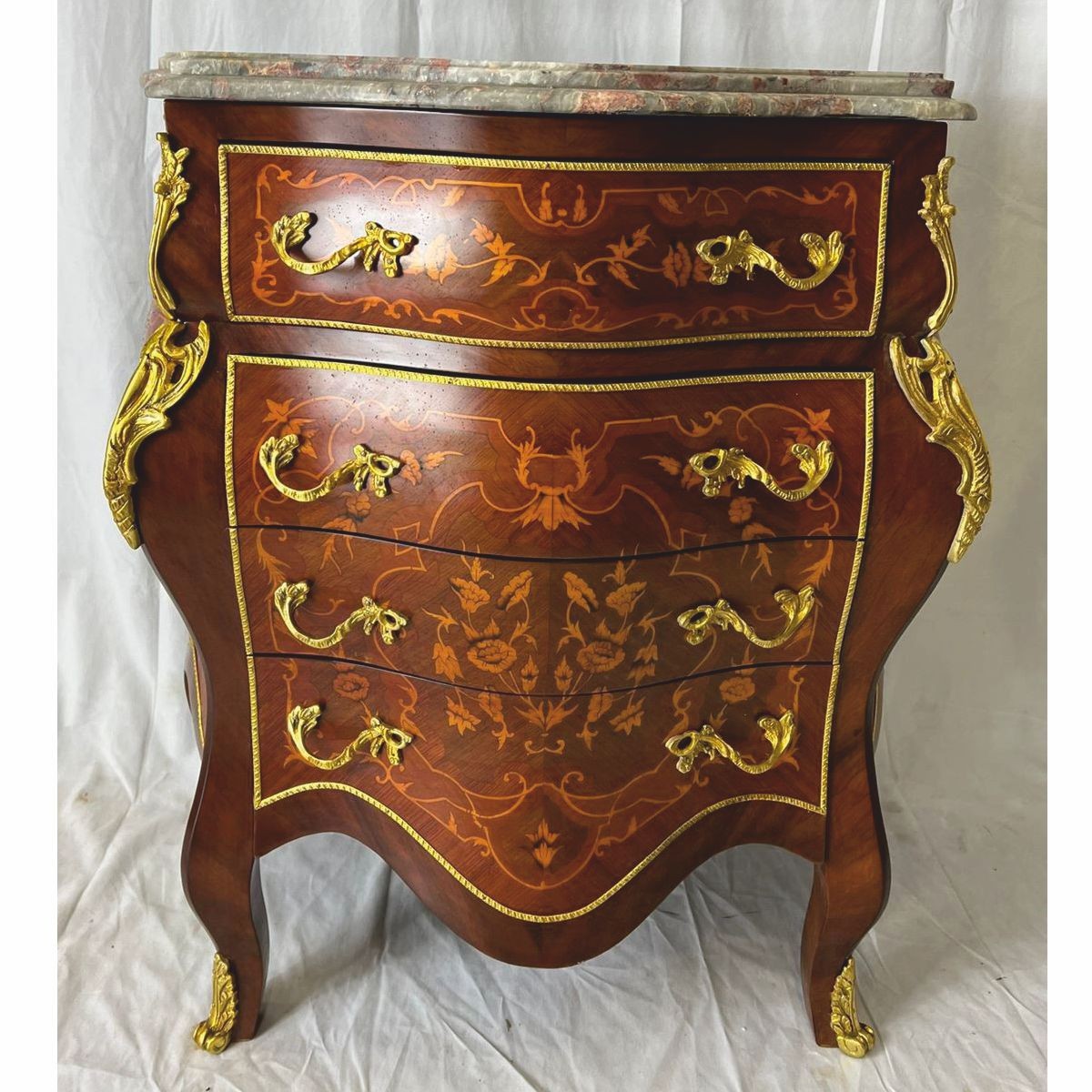 Barock Kommode mit 4 Schubladen und Marmorplatte Braun Intarsien / Gold / Grau