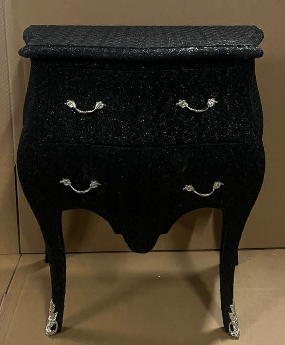 Barock Kommode Schwarz Glitzer Look / Silber - Handgefertigte Barockstil Nachtkommode mit 2 Schubladen - Barock Möbel - Schlafzimmer Möbel im Barockstil
