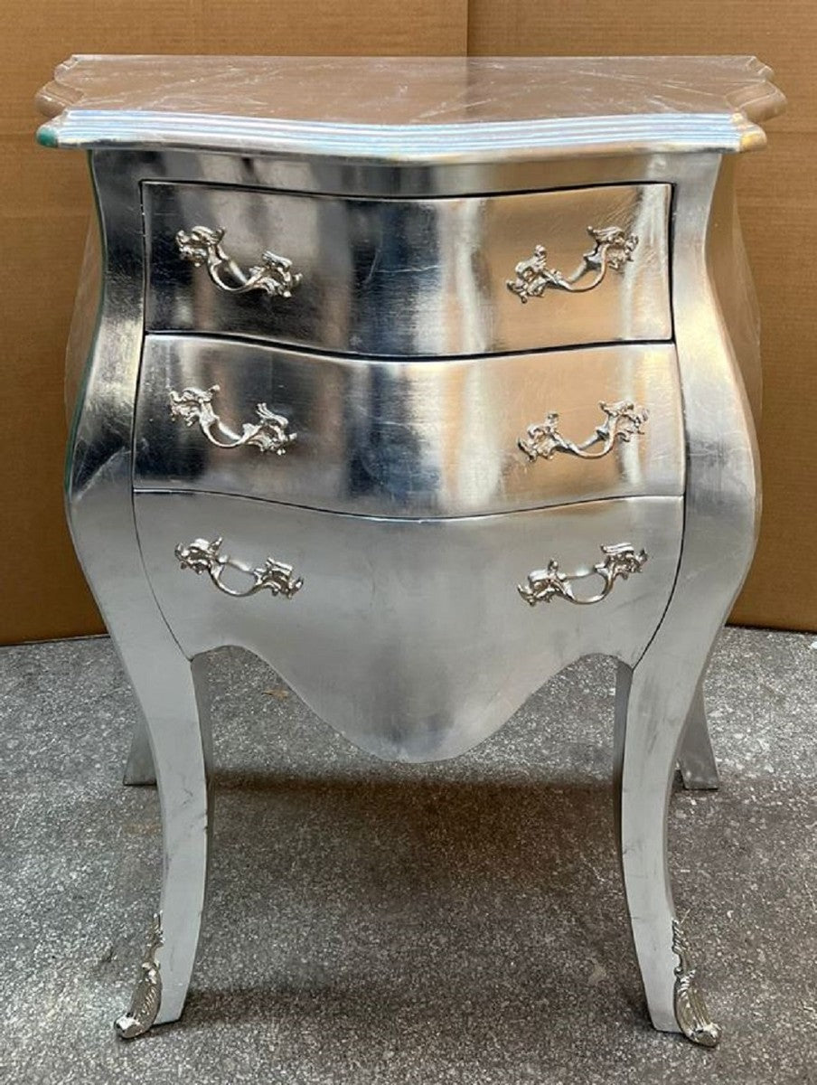 Barock Nachtkommode Silber - Handgefertigte Barockstil Kommode mit 3 Schubladen - Barock Möbel - Schlafzimmer Möbel im Barockstil - Edel & Prunkvoll