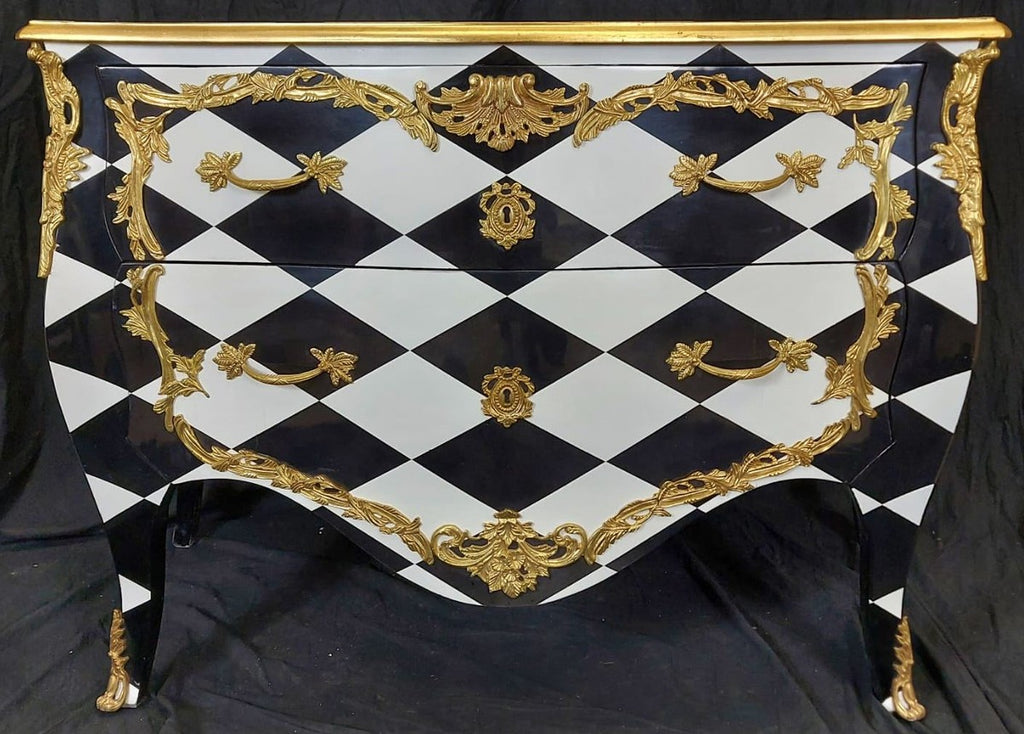 Barock Kommode mit Karo Design und 2 Schubladen Schwarz / Weiß / Gold - Handgefertigte Massivholz Kommode im Barockstil - Schlafzimmer Möbel im Barockstil - Barock Möbel