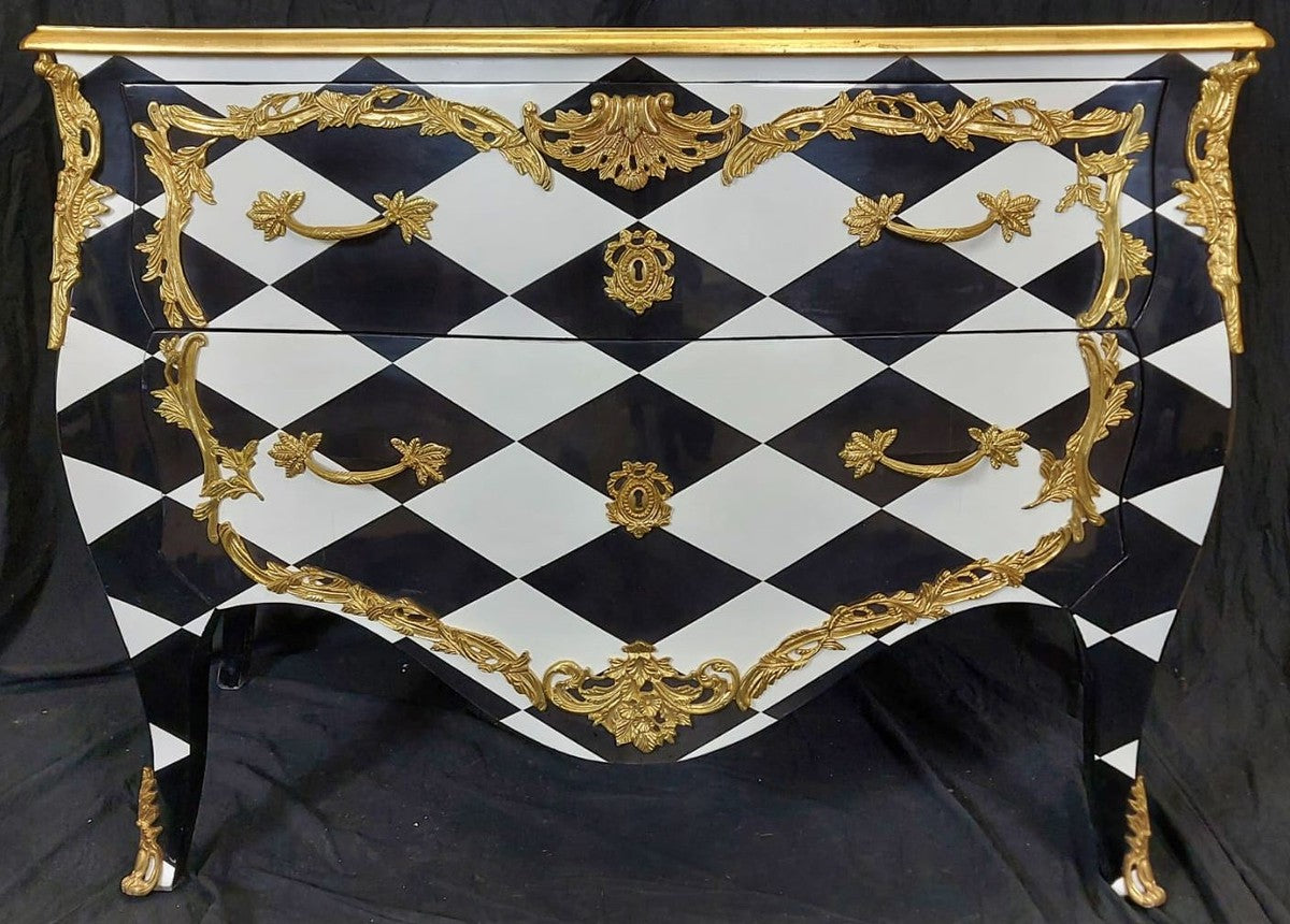 Barock Kommode mit Karo Design und 2 Schubladen Schwarz / Weiß / Gold - Handgefertigte Massivholz Kommode im Barockstil - Schlafzimmer Möbel im Barockstil - Barock Möbel