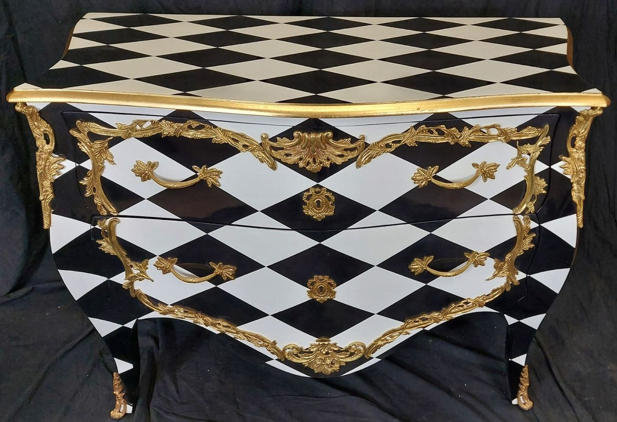 Barock Kommode mit Karo Design und 2 Schubladen Schwarz / Weiß / Gold - Handgefertigte Massivholz Kommode im Barockstil - Schlafzimmer Möbel im Barockstil - Barock Möbel