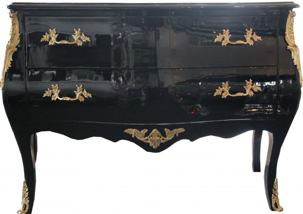 Barock Kommode Schwarz 120 cm mit goldenen Metallapplikationen