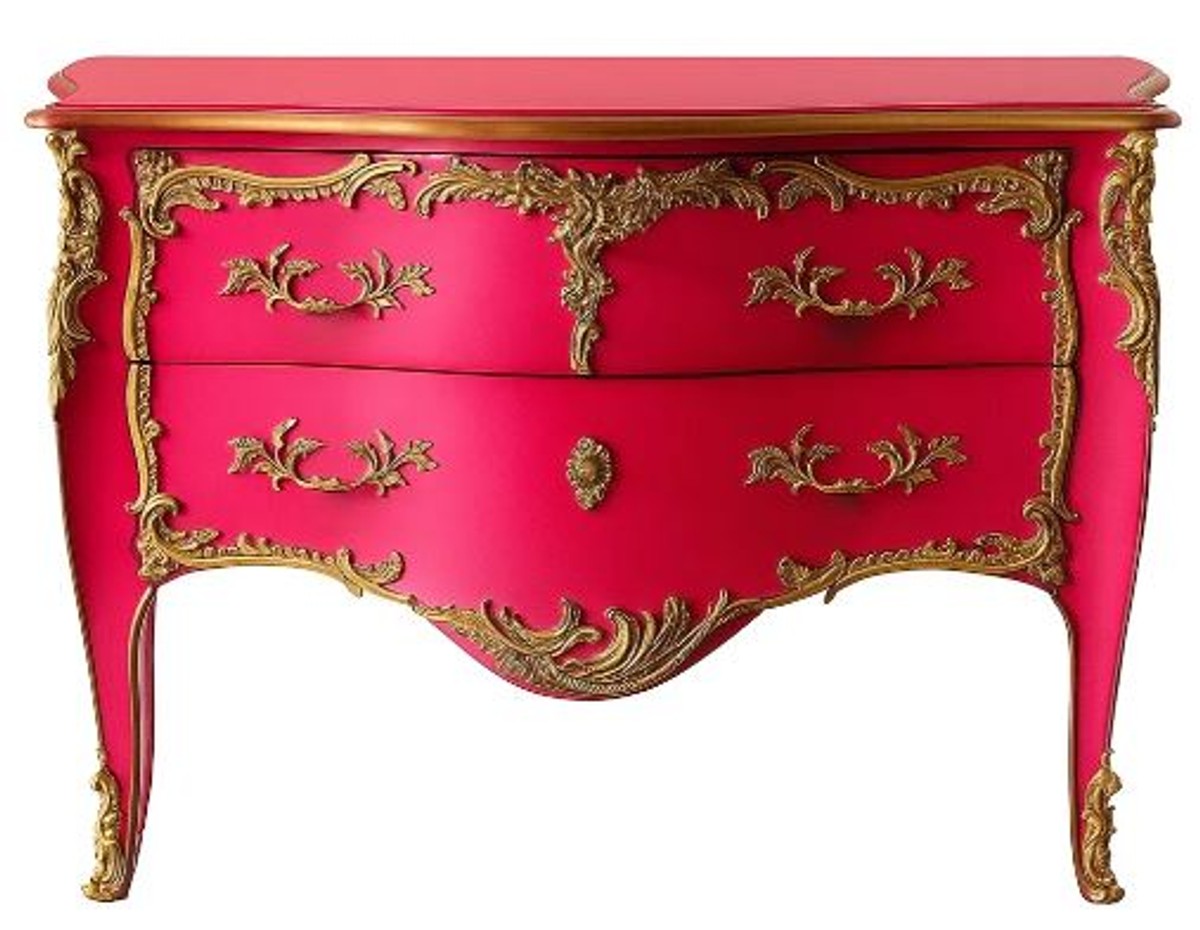 Barock Kommode mit 2 Schubladen Antik Rosa / Gold - Handgefertigte Massivholz Kommode im Barockstil - Handgefertigte Barock Möbel - Edel & Prunkvoll
