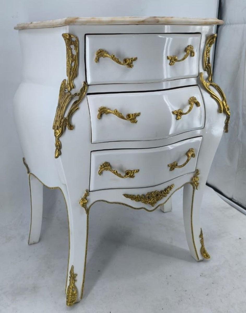 Barock Kommode mit 3 Schubladen Weiß / Gold / Beige H. 80 cm - Barock Möbel