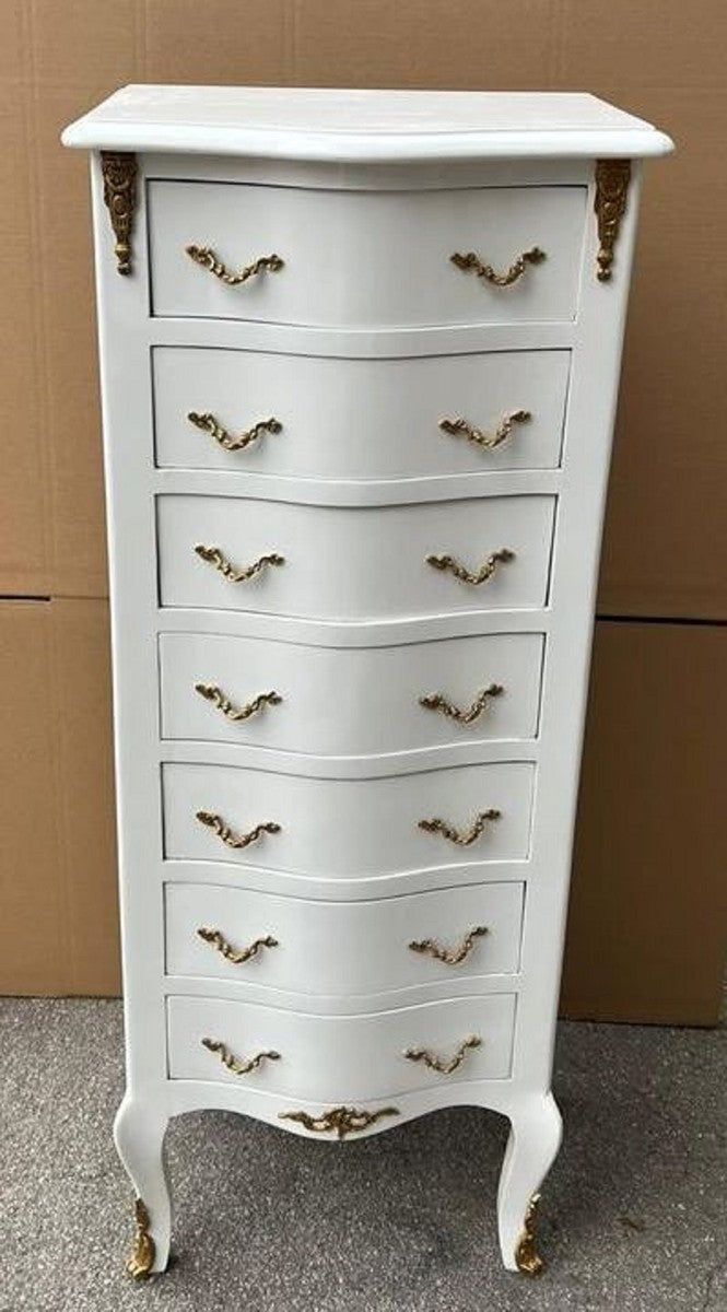 Barock Kommode mit 7 Schubladen Weiß / Messing - Handgefertigter Massivholz Schrank im Barockstil - Wohnzimmer Möbel im Barockstil - Barock Möbel - Barock Einrichtung