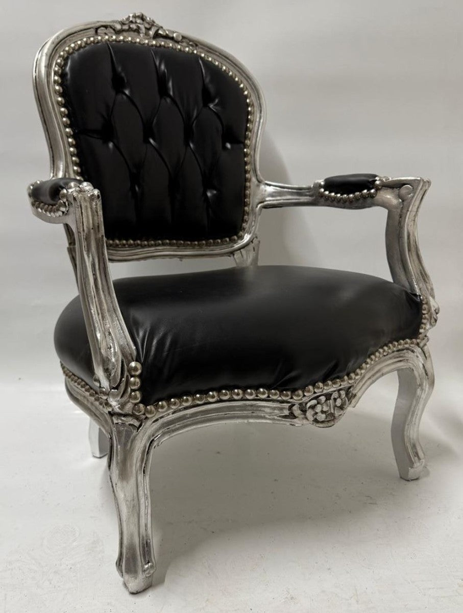 Barock Kunstleder Kinderstuhl mit Armlehnen Schwarz / Silber - Barock Kindermöbel