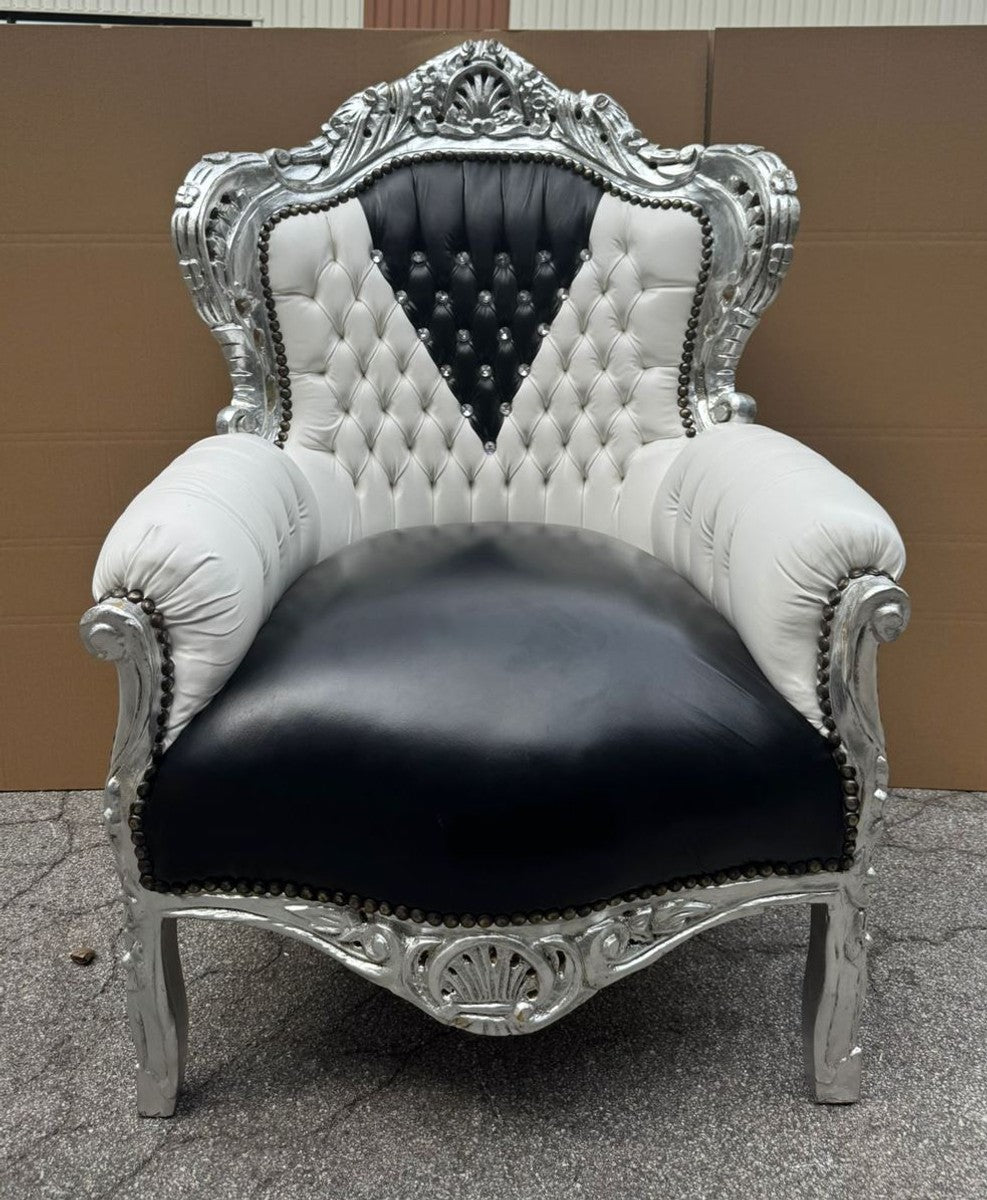 Barock Kunstleder Sessel mit Glitzersteinen Weiß / Schwarz / Silber H. 120 cm