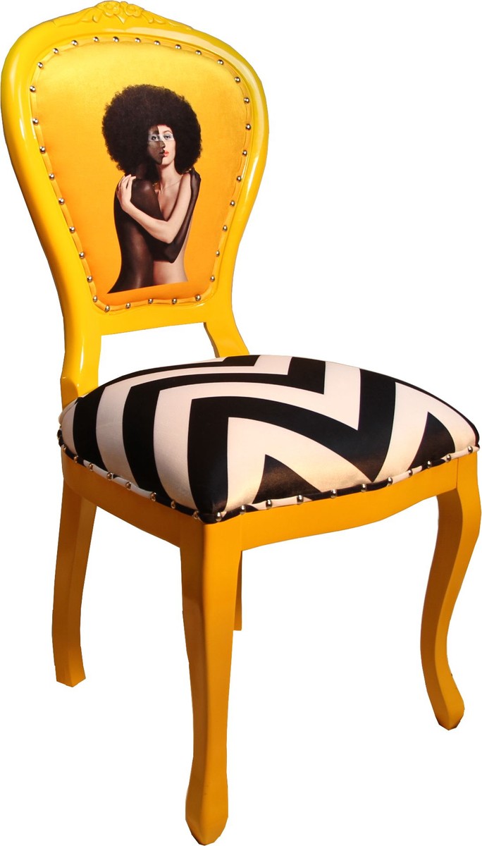 Barock Luxus Esszimmer Stuhl Schwarz / Weiß Streifen / Gelb - Designer Stuhl - Limited Edition