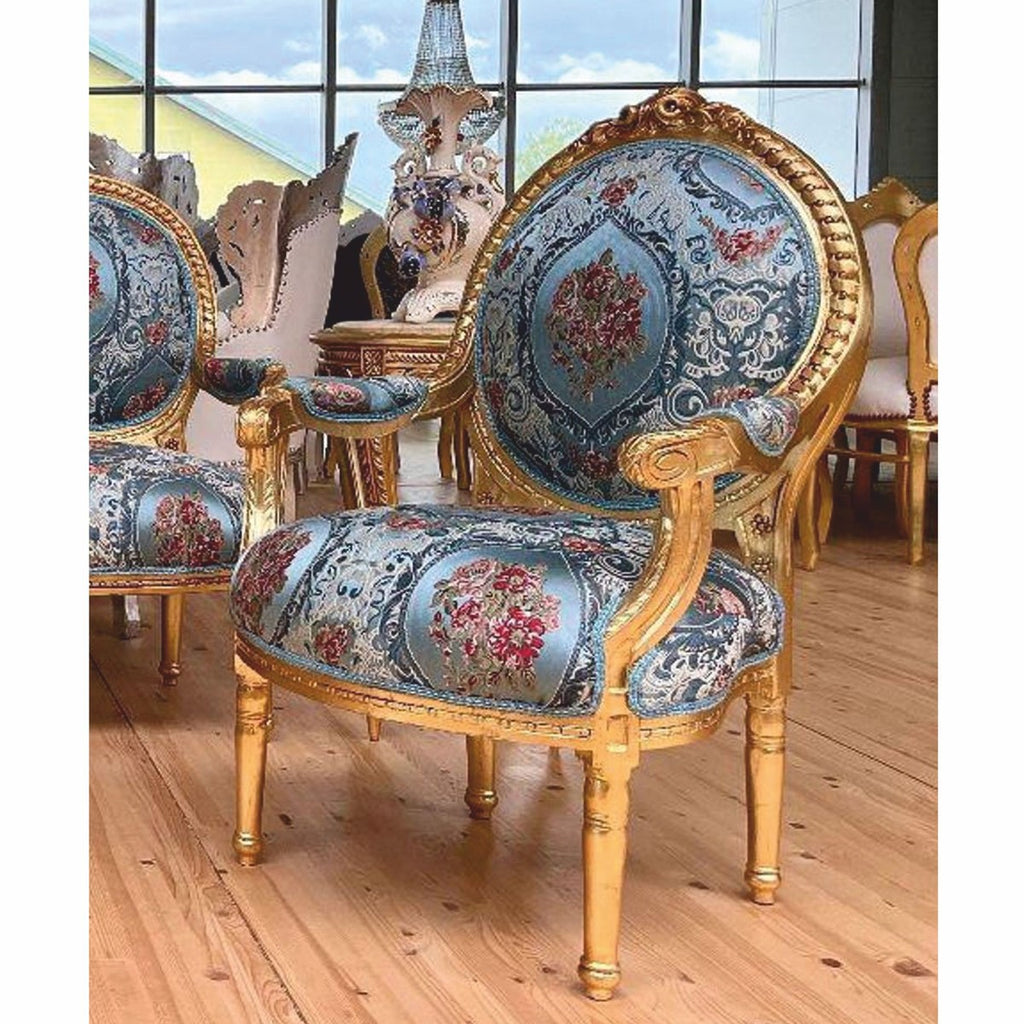 Barock Medaillon Salon Stuhl Hellblau / Bunt / Gold H. 100 cm - Barock Möbel