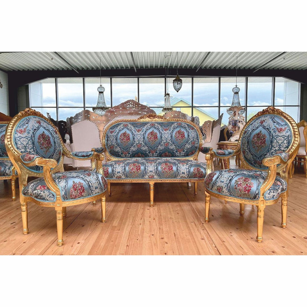Barock Medaillon Salon Stuhl Hellblau / Bunt / Gold H. 100 cm - Barock Möbel