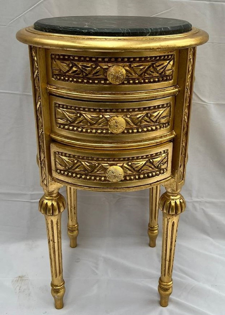 Barock Nachtkommode Antik Gold / Schwarz - Runde Barockstil Kommode mit 3 Schubladen - Barock Möbel - Schlafzimmer Möbel im Barockstil - Edel & Prunkvoll