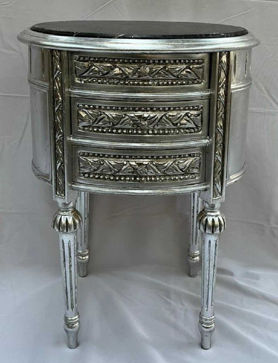 Barock Nachtkommode Antik Silber / Schwarz - Prunkvolle Barockstil Kommode mit 3 Schubladen und Marmorplatte - Barock Möbel - Schlafzimmer Möbel im Barockstil