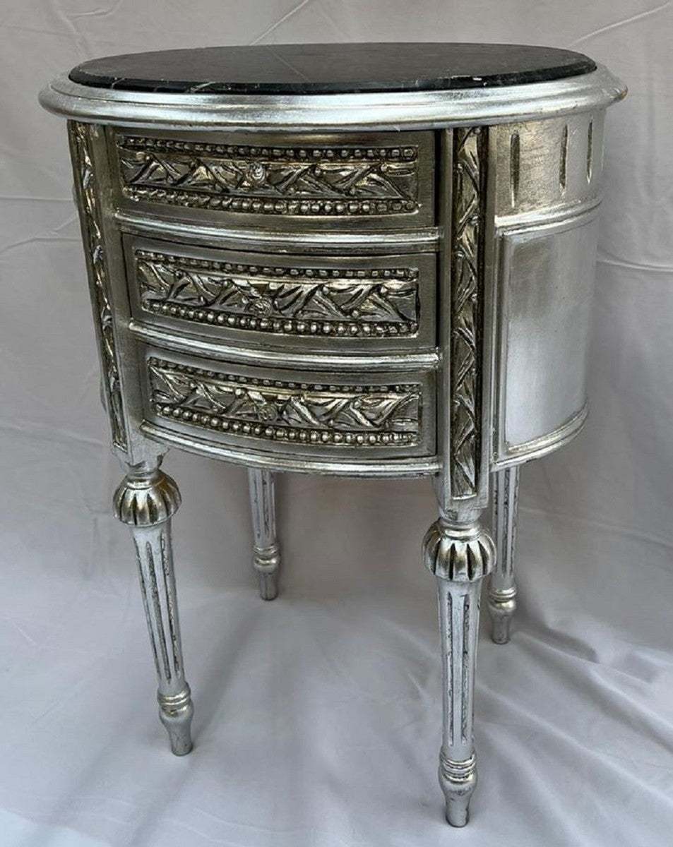 Barock Nachtkommode Antik Silber / Schwarz - Prunkvolle Barockstil Kommode mit 3 Schubladen und Marmorplatte - Barock Möbel - Schlafzimmer Möbel im Barockstil