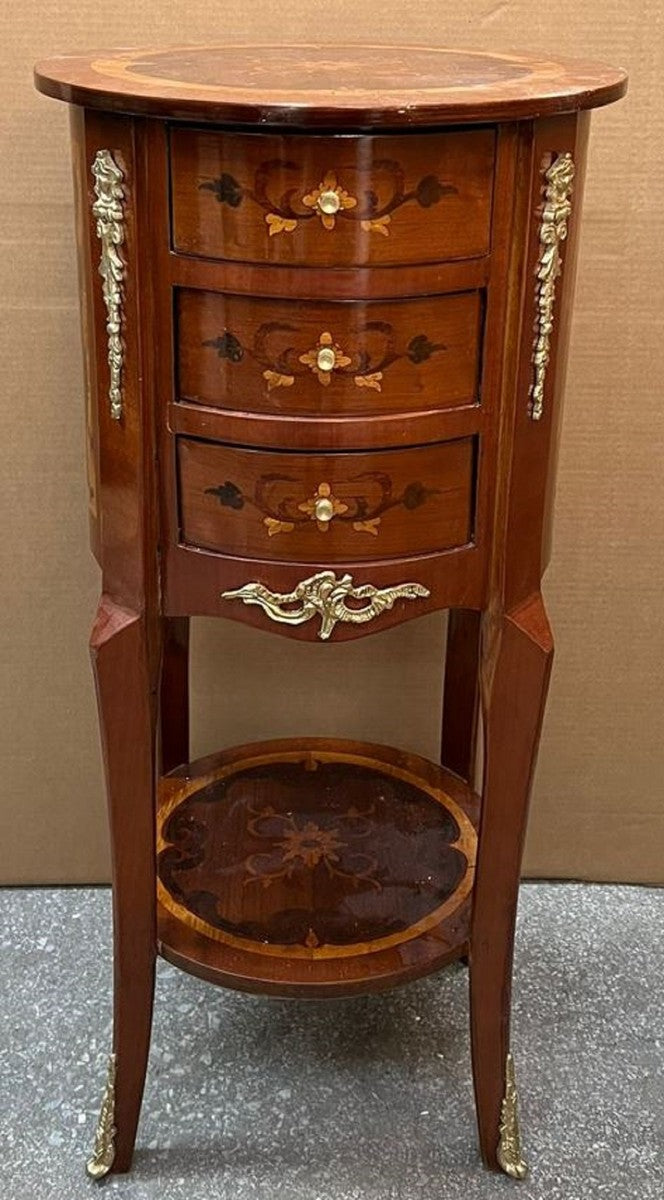 Barock Nachtkommode Braun Intarsien / Gold - Runde Barockstil Kommode mit 3 Schubladen - Barock Möbel - Schlafzimmer Möbel im Barockstil - Edel & Prunkvoll