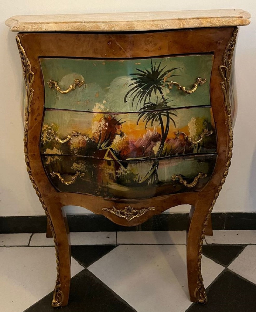 Barock Kommode Braun / Mehrfarbig / Creme - Handgefertigte Barockstil Nachtkommode mit Marmorplatte und 3 Schubladen - Barock Möbel - Schlafzimmer Möbel im Barockstil