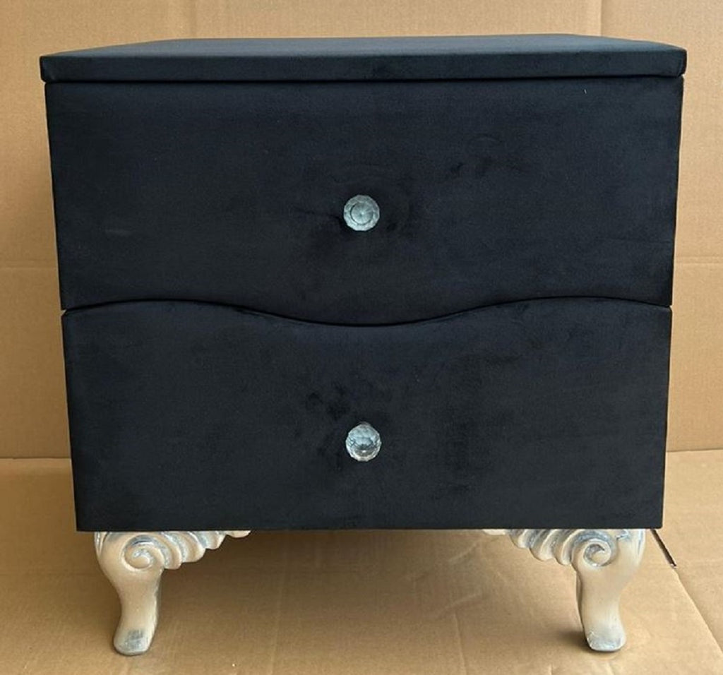 Barock Nachtkommode mit 2 Schubladen Schwarz / Silber - Barockstil Nachttisch - Barock Möbel - Schlafzimmer Möbel im Barockstil - Edel & Prunkvoll