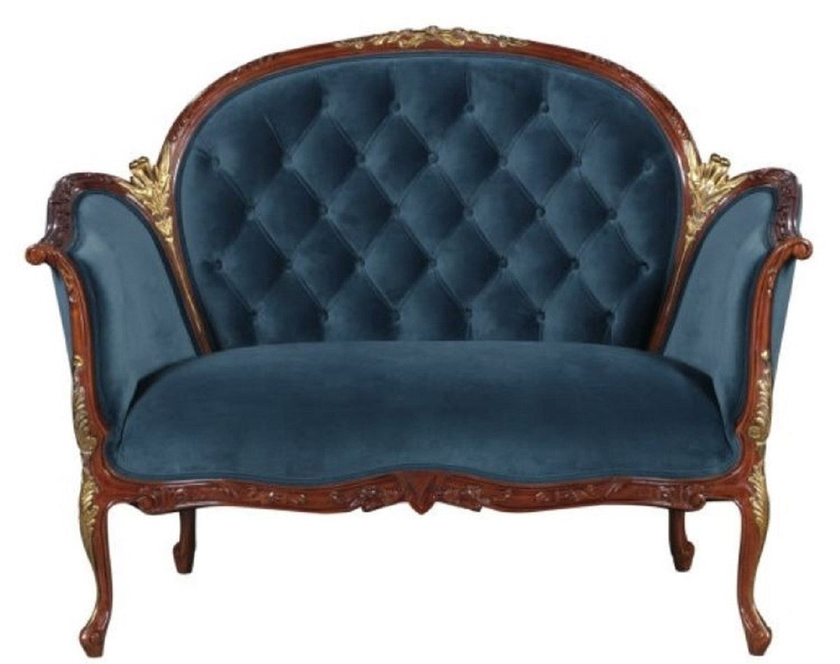 Barock Samt Sofa Blau / Braun / Messingfarben 125 x 73,5 x H. 92,5 cm - Möbel im Barockstil