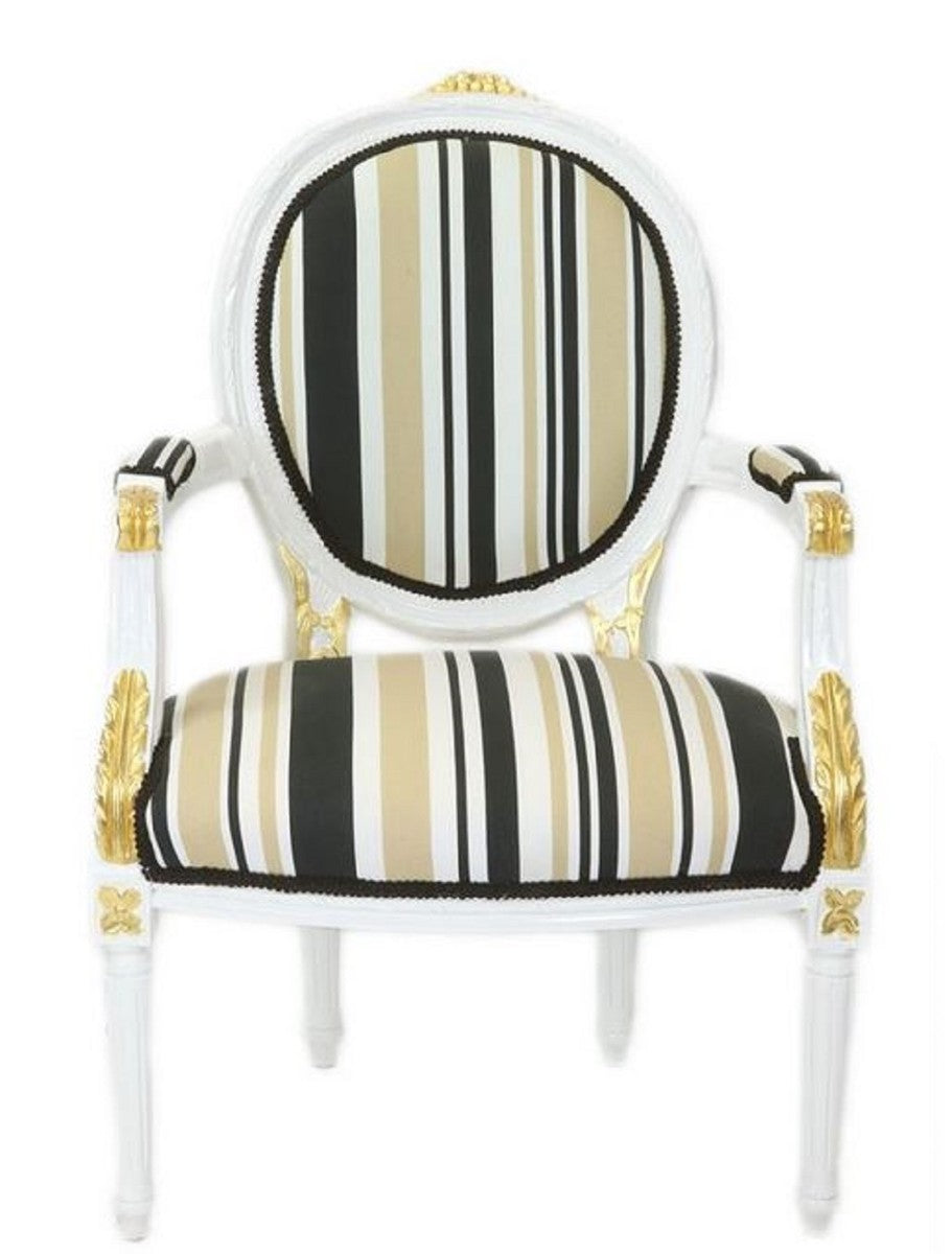 Barock Salon Stuhl Weiß / Gold / Mehrfarbig 50 x 50 x H. 105 cm - Gestreifter Barock Stuhl mit Armlehnen - Barock Möbel
