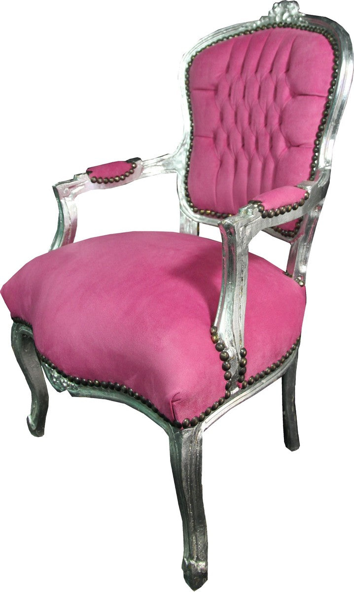 Barock Salon Stuhl Rosa / Silber - Barock Antik Stil Möbel