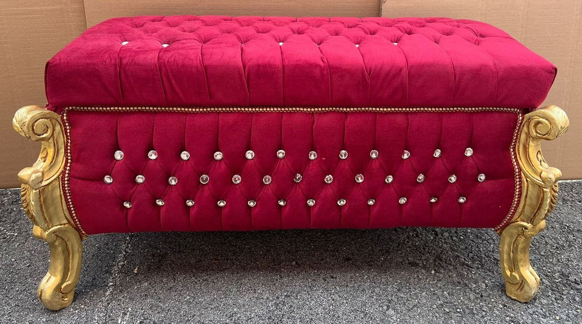 Barock Sitzbank - Truhe mit Glitzersteinen Bordeauxrot / Gold - Barock Möbel